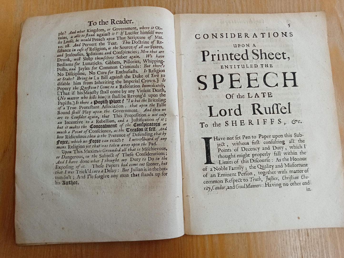 Considerations Upon A Printed Sheet Entitled The Speech Of The Late Lord Russel (Russell) To The Sheriffs Together With The Paper Delivered By Him To Them At The Place Of Execution On July 21 1683