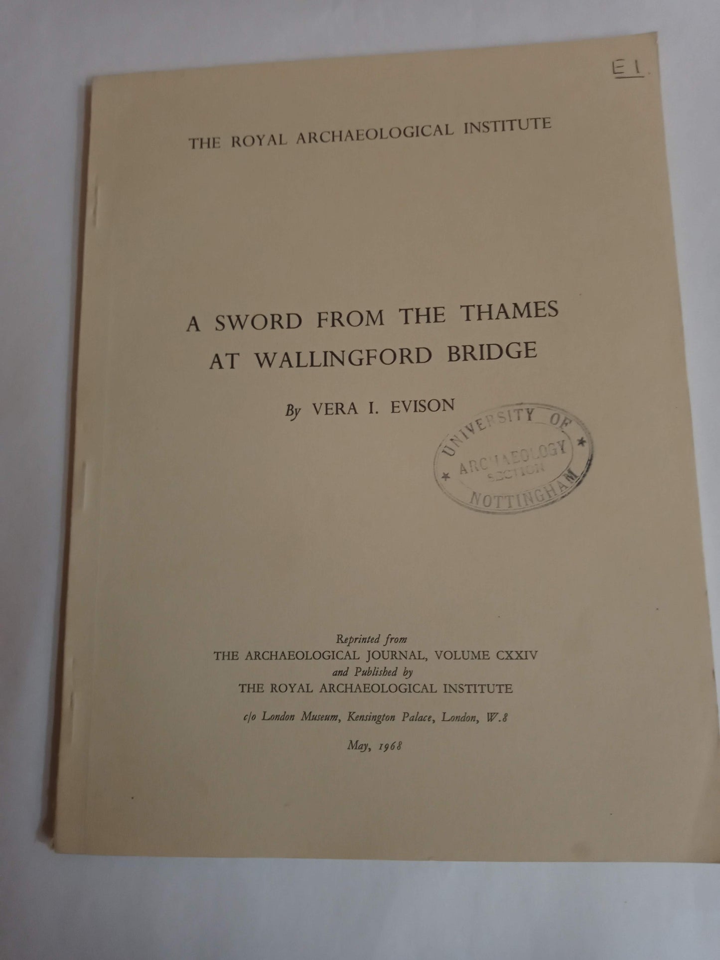 A Sword From The Thames At Wallingford Bridge. Reprint From Th Archaeological Journal Volume Cxxiv