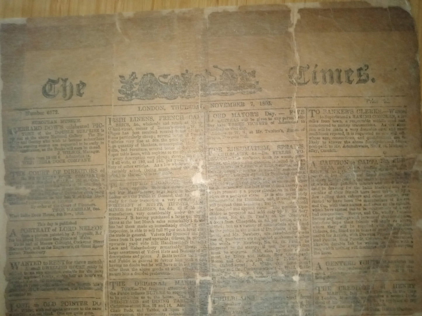 The Times Newspaper Nov 7Th 1805. News Of Battle Of Trafalgar & Death Of Nelson
