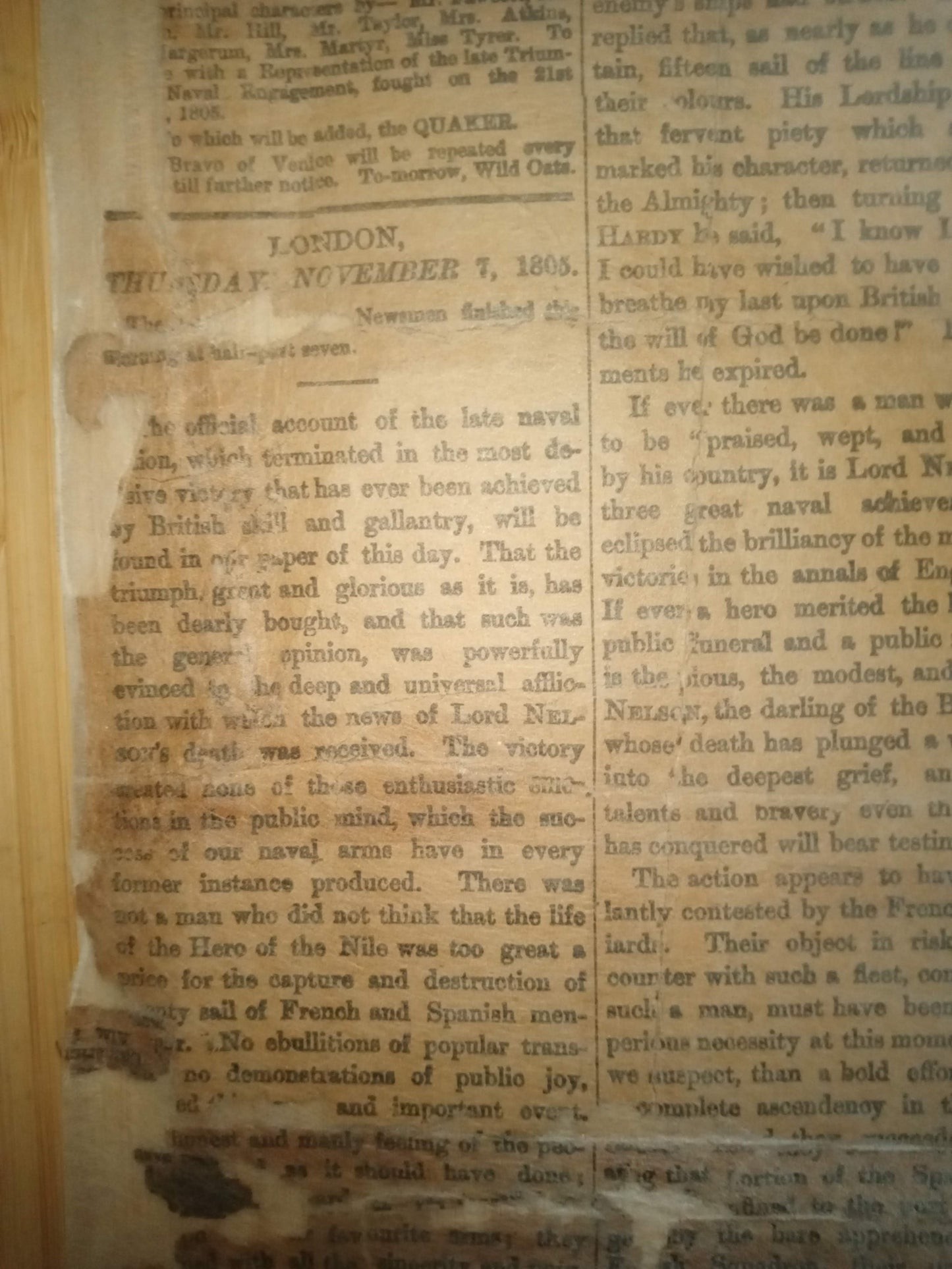 The Times Newspaper Nov 7Th 1805. News Of Battle Of Trafalgar & Death Of Nelson