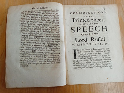 Considerations Upon A Printed Sheet Entitled The Speech Of The Late Lord Russel (Russell) To The Sheriffs Together With The Paper Delivered By Him To Them At The Place Of Execution On July 21 1683